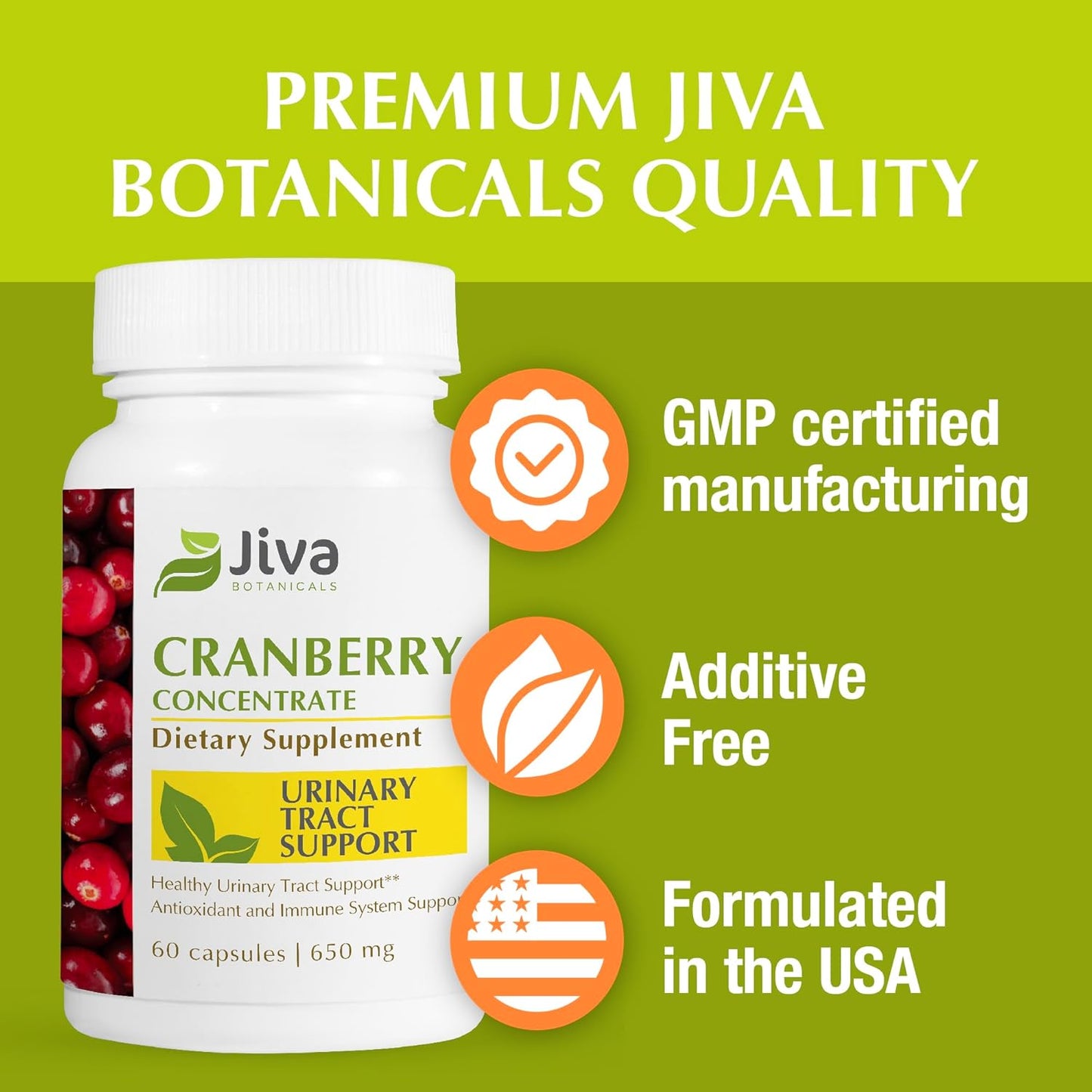Jiva Botanicals Concentrated Cranberry Supplement - 650 mg Cranberry Powder Extract Pills for Women - High Potency for Normal Urinary Tract Health - 60 Capsules (Pack of 1)