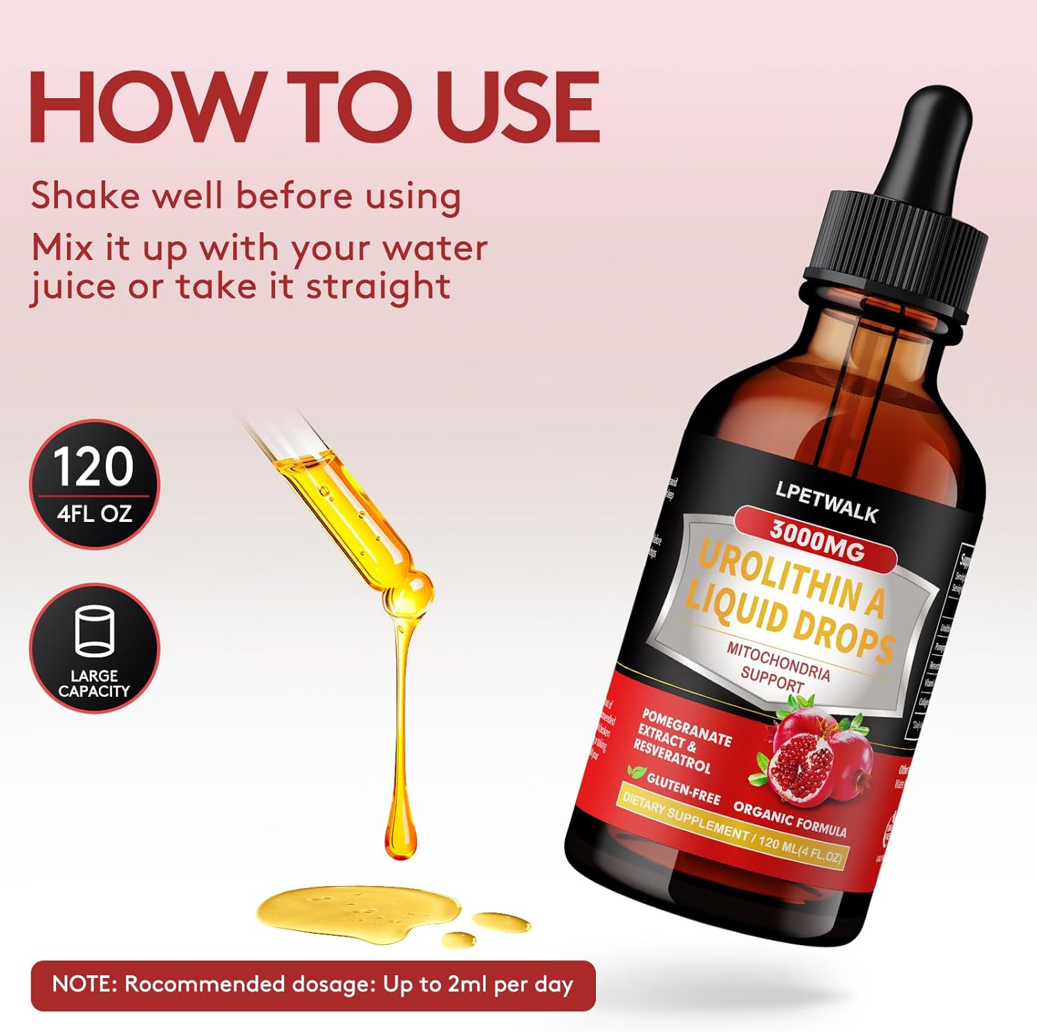 4 Fl Oz Urolithin A Liquid Drops with Pomegranate Extract - Urolithin a Supplement - Big Capacity (120ml)