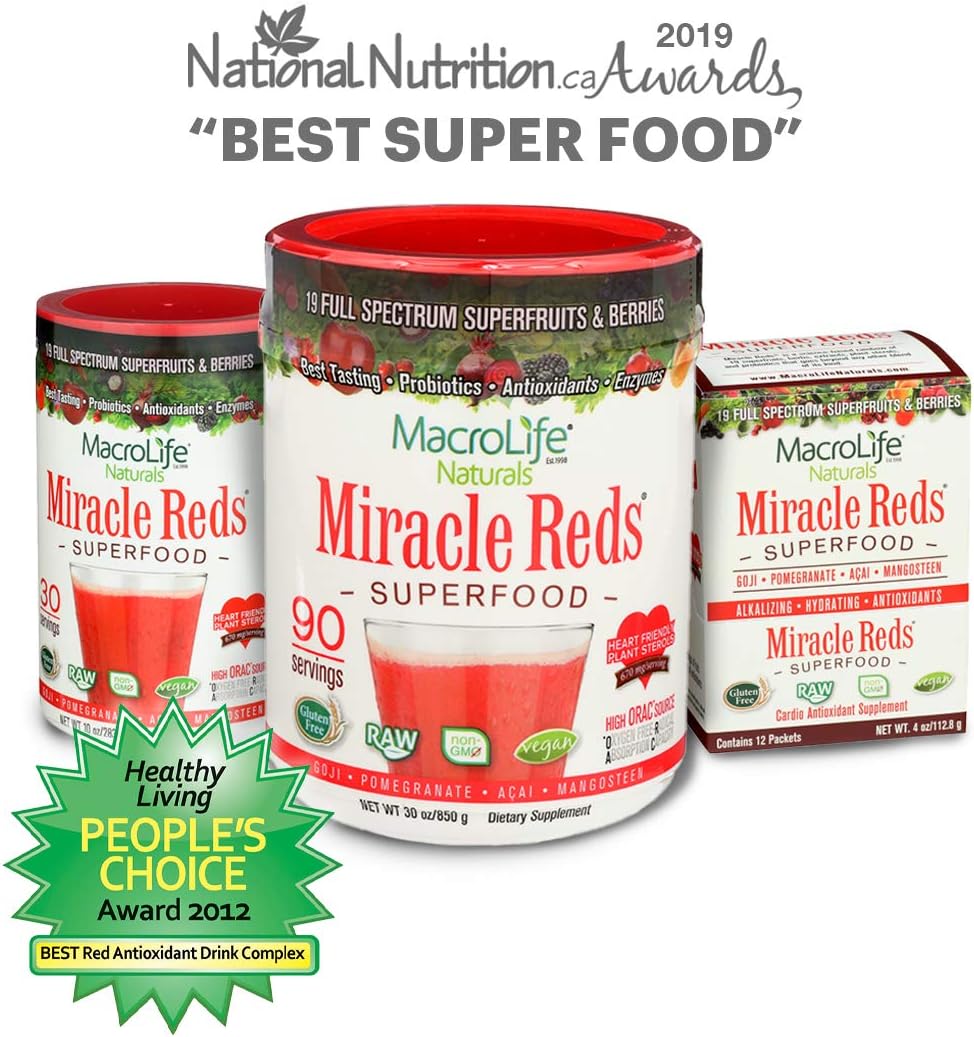 MacroLife Naturals Miracle Reds Superfood Powder 19 Blended Fruit & Berry Polyphenols Enzymes Probiotics & Antioxidants Supplement - Raw Non-GMO & Vegan Whole Food Vitamins - 12 Packet Servings