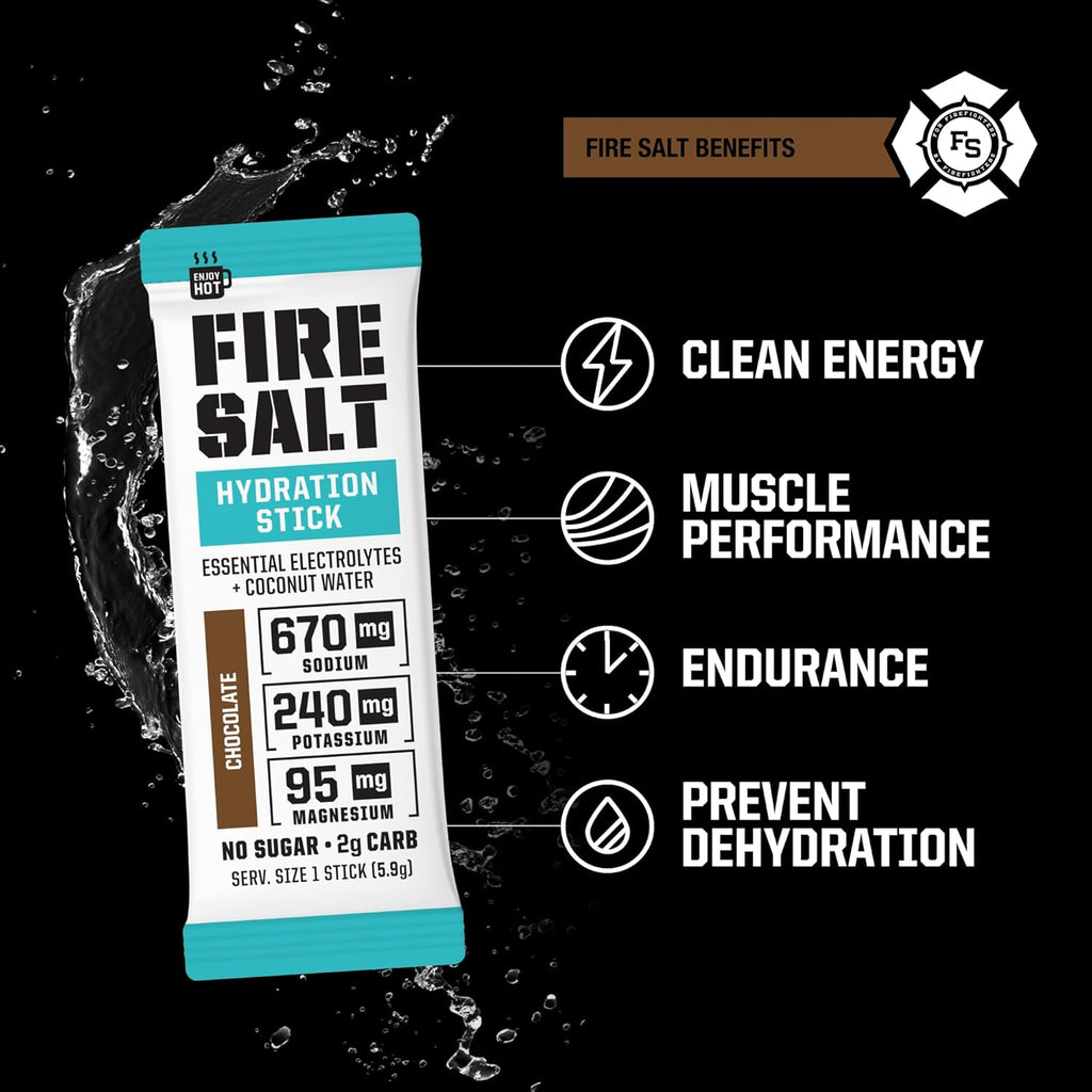 Fire Science Fire Salt Hydration Sticks, Electrolytes & Coconut Water, Hydration Drink Mix with Magnesium, Potassium & Sodium, Zero Sugar, Single Serve On The Go Packs, Chocolate Flavor, 32 Count