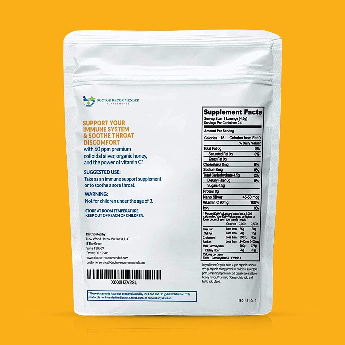 Silver Lozenges with Vitamin C - Premium Nano Silver 60 PPM Colloidal Silver, Organic Honey and Vitamin C Mineral Supplement Drops to Support Immune System, Soothe Cough & Throat - Pack of 4