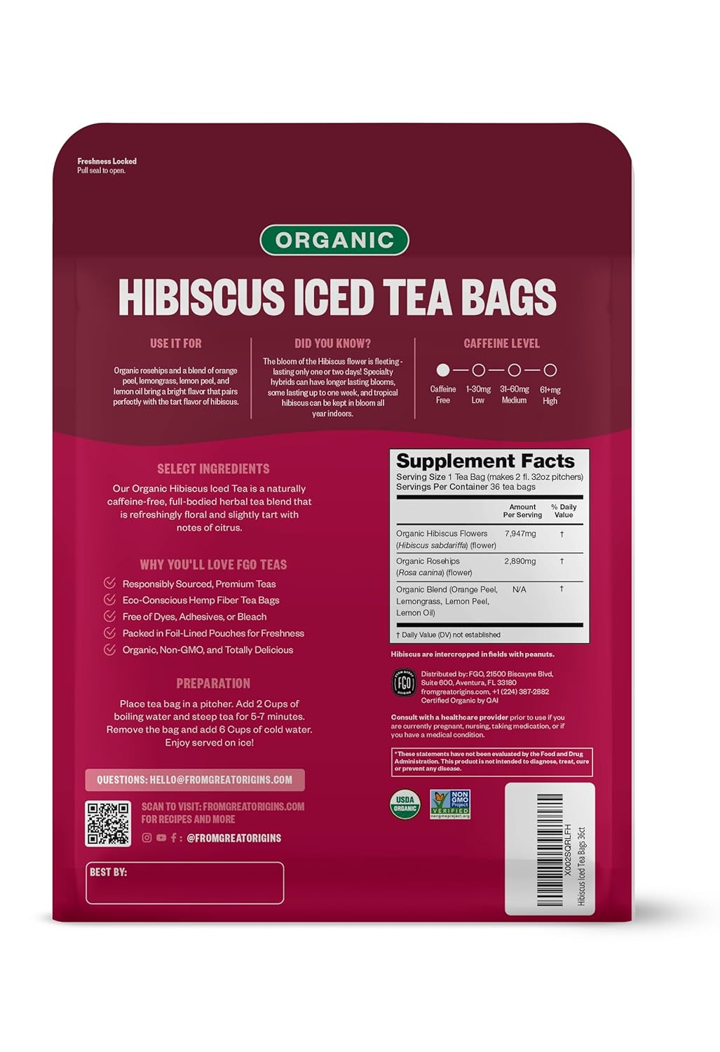 FGO Organic Hibiscus Iced Tea, 36 Eco-Conscious Pitcher Sized Tea Bags, Packaging May Vary (Pack of 1)