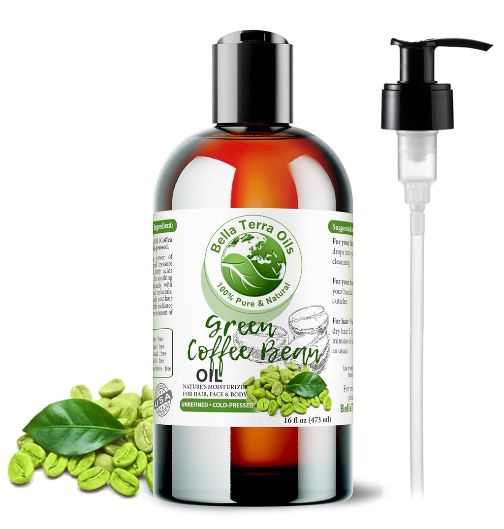 Bella Terra Oils - Green Coffee Bean Oil 16oz - Harness the Purity of Coffee Serum Ingredients, Enriched with Potent Acids for Lush & Healthy Skin