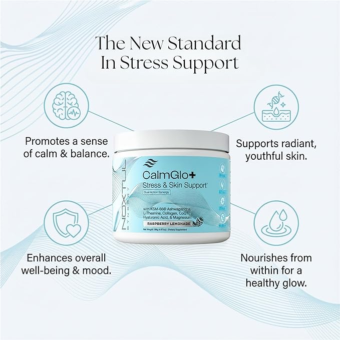 CalmGlo+ Stress & Skin Support Supplement Drink - Cortisol Reducer with Ashwagandha KSM-66, L-Theanine, Magnesium & Collagen Peptides - Adrenal Health & Mood Support - Raspberry Lemonade, 30 Servings