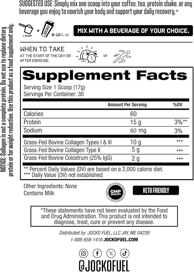 Jocko Fuel Collagen Powder with Colostrum – 15g Hydrolyzed Collagen + 2g First-Milking Colostrum – Dual Action for Gut Health, Joint Support, and Immune Defense – Recovery Supplement (30 Servings)
