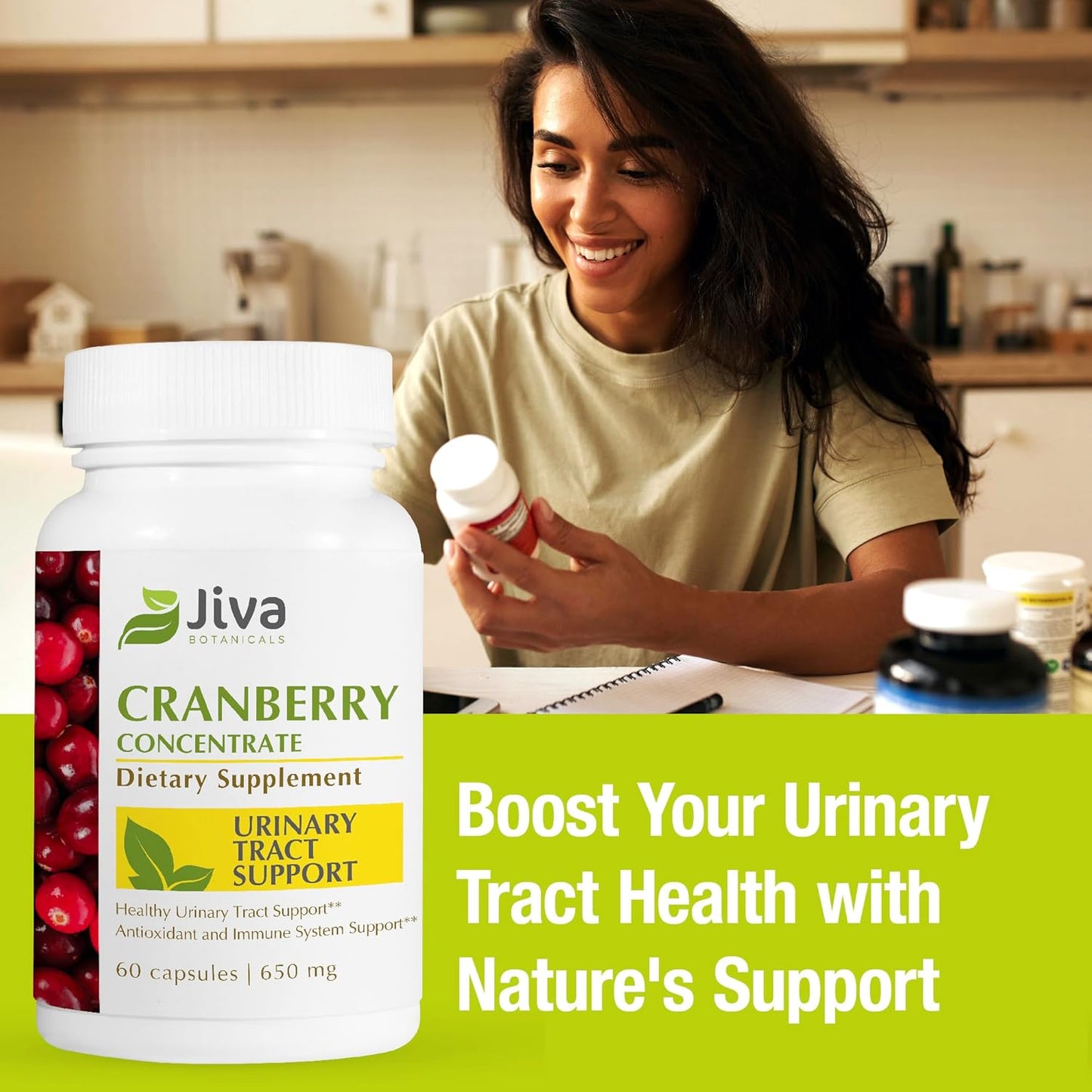 Jiva Botanicals Concentrated Cranberry Supplement - 650 mg Cranberry Powder Extract Pills for Women - High Potency for Normal Urinary Tract Health - 60 Capsules (Pack of 1)