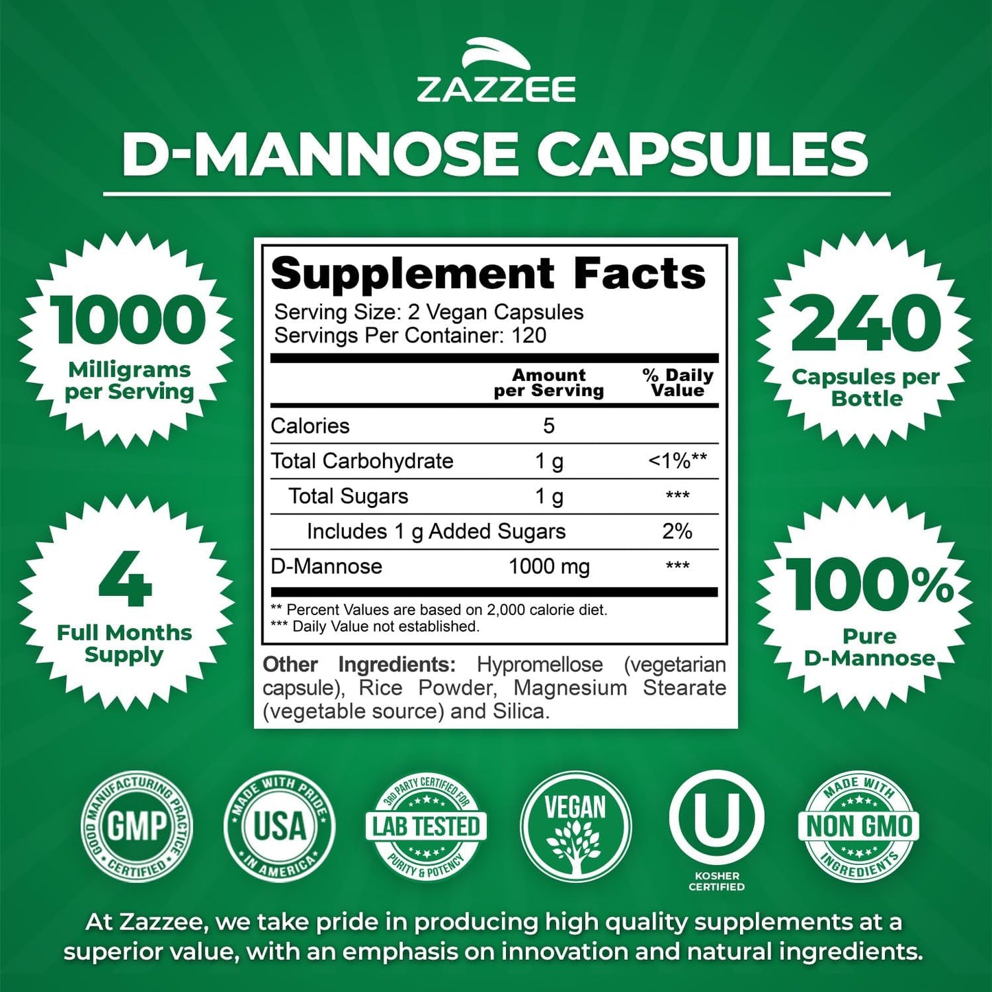Zazzee D-Mannose, 1000 mg per Serving, 240 Vegan Capsules, 4 Month Supply, Potent & Fast-Acting, Certified Kosher, 100% Pure, All-Natural Urinary Tract Health Support, 100% Vegetarian, Non-GMO