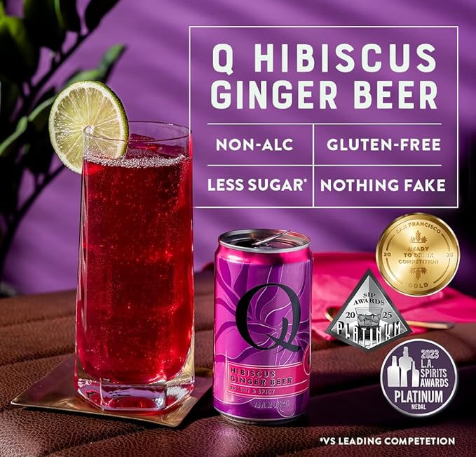 Q HIBISCUS GINGER BEER with Real Ginger, Hibiscus, & Organic Agave - Cocktails & Mocktails - Real Ingredients, Perfectly Carbonated & Less Sweet - 80 Calories per Can - 7.5 Fl Oz Cans (Pack of 24)
