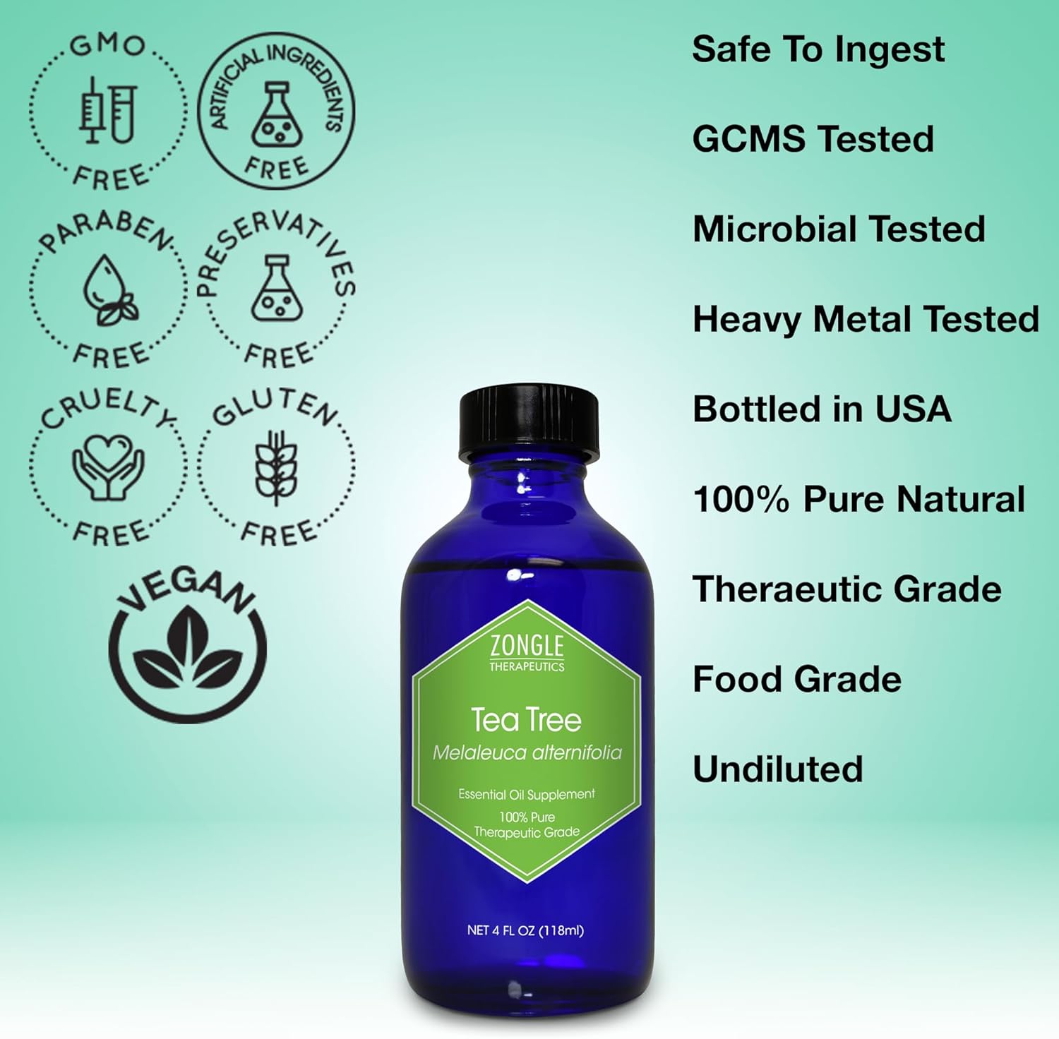 Tea Tree, Melaleuca, Oil, Food Grade – 100% Pure, Tea Tree Essential Oil, by Zongle Therapeutics, 4 OZ