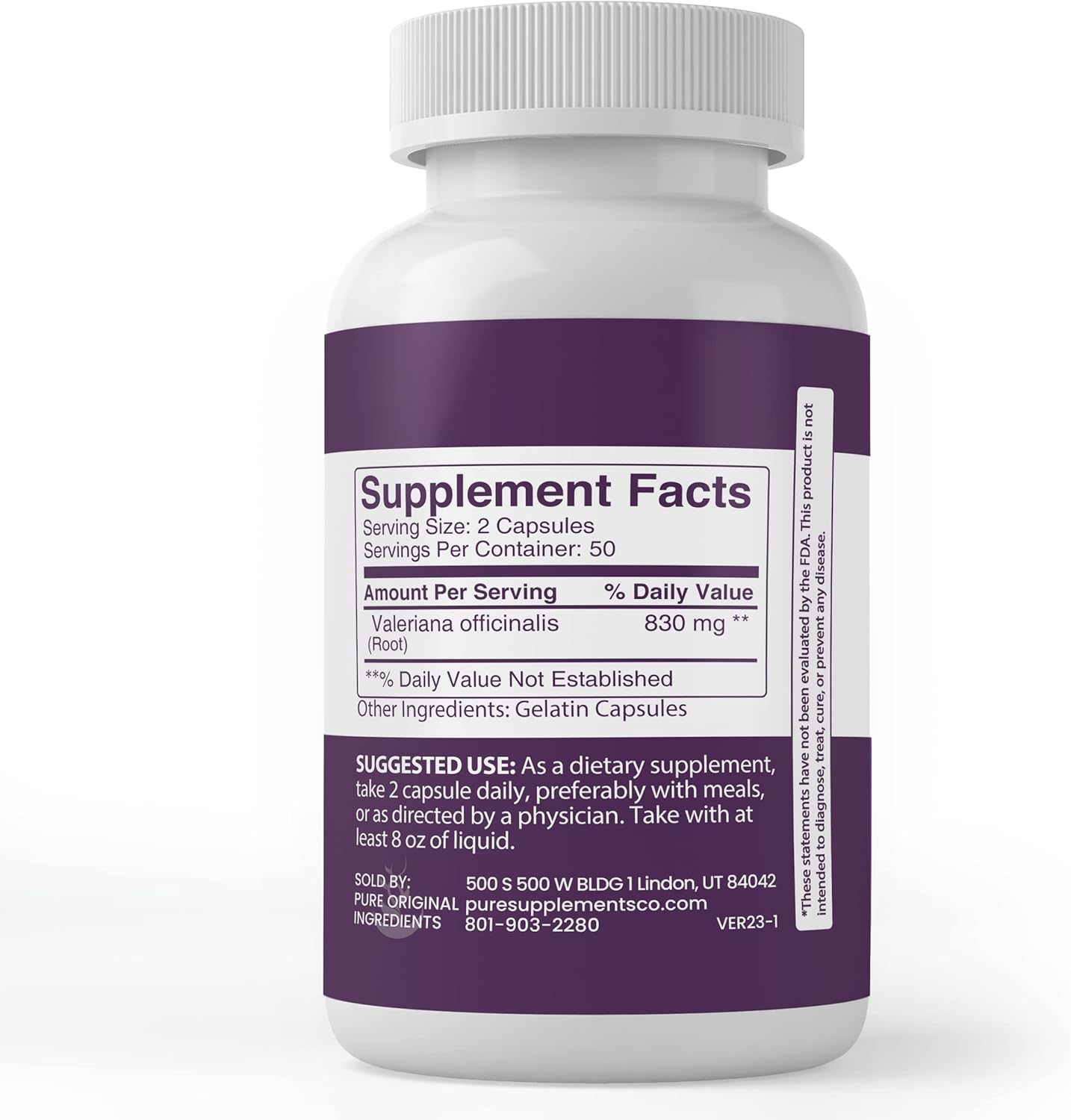 PURE ORIGINAL INGREDIENTS Valerian Root, (100 Capsules) Always Pure, No Additives Or Fillers, Lab Verified