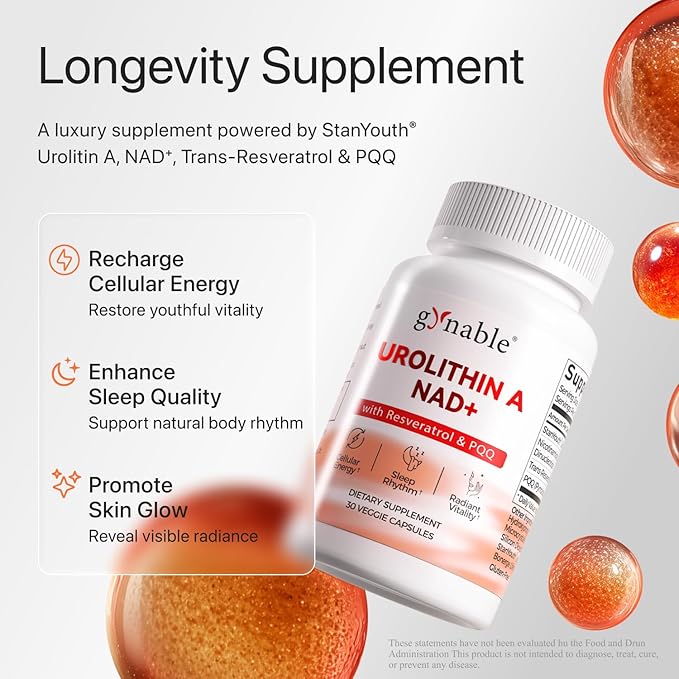 Gynable Urolithin A NAD+ Complex with Trans-Resveratrol & PQQ - Cellular Energy & Muscle Strength,Longevity Supplement for Sleep & Focus,Mitochondrial Health - NR NMN Alternative Made & Tested in USA