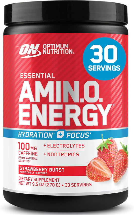 Optimum Nutrition Amino Energy Powder Plus Focus, with BCAA, Electrolytes, and Caffeine, Juicy Strawberry, 30 Servings (Packaging May Vary)