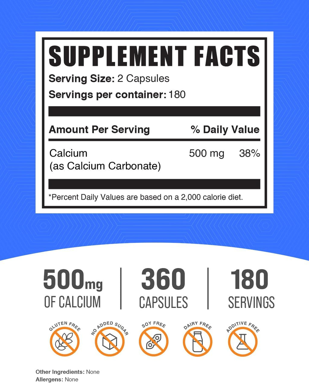 BulkSupplements.com Calcium Carbonate Capsules - Calcium Carbonate Supplement, Calcium Carbonate 500mg - Calcium Supplement, Gluten Free, 2 Capsules per Serving, 360 Capsules (Pack of 1)