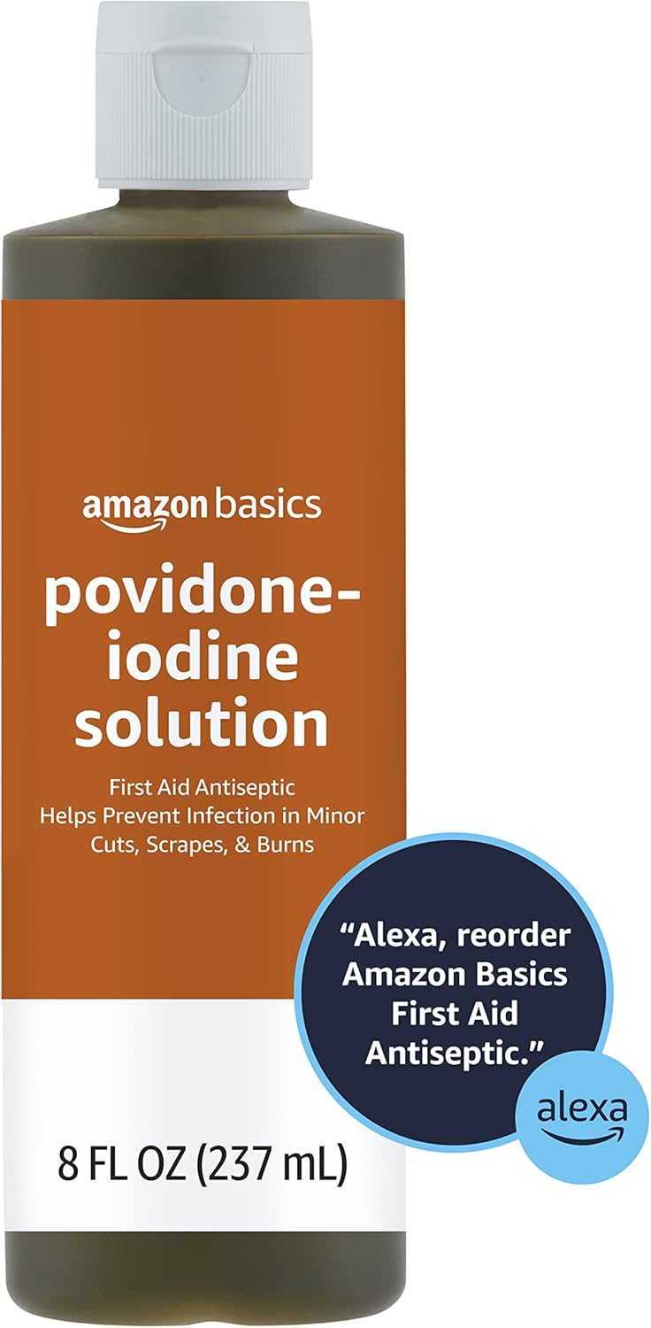 Amazon Basics First Aid Antiseptic, 10% Povidone Iodine Solution First Aid Antiseptic, Unflavored, 8 Fluid Ounces, 1-Pack (Previously Solimo)