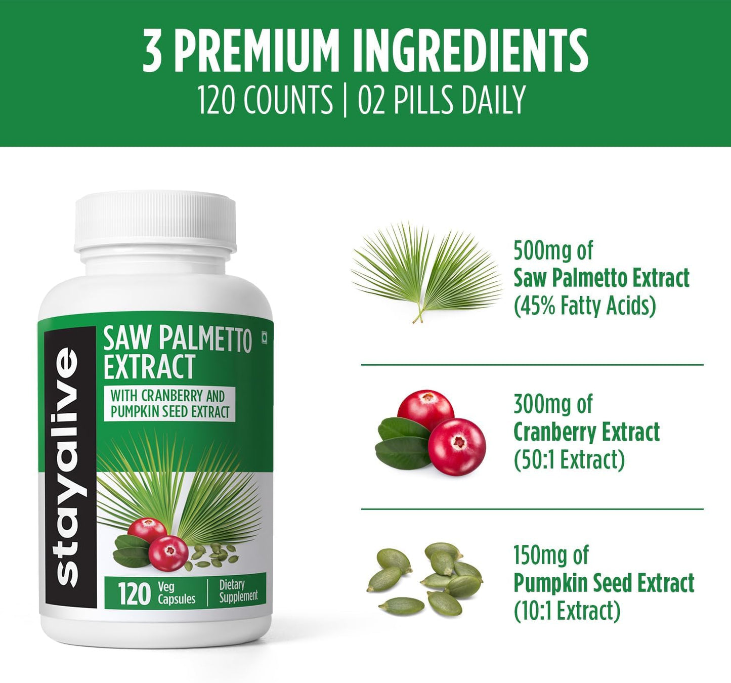 STAY ALIVE Saw Palmetto Extract Capsules w/Cranberry & Pumpkin Seed Oil, 120 Vegan Pills for Hair, U.T & Prostate, Pure Saw Palmetto for Men and Women, Non-GMO, Gluten Free Pumpkin Seed Supplement