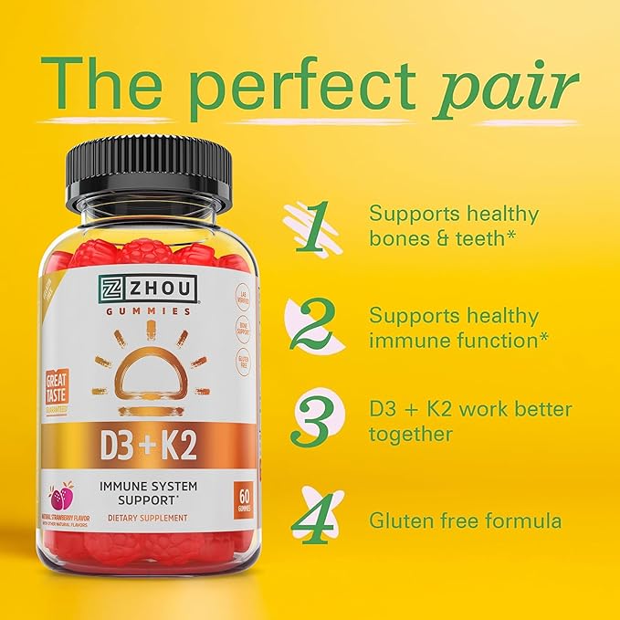 Zhou D3+K2 - Vitamin D3 K2 Supplement for Women & Men, Immune Support Vit D3 and K2 Gummy, Gelatin Free Formula with 5000 IU of D3 and MK-7 - 60 Veggie Gummies (Pack of 1)