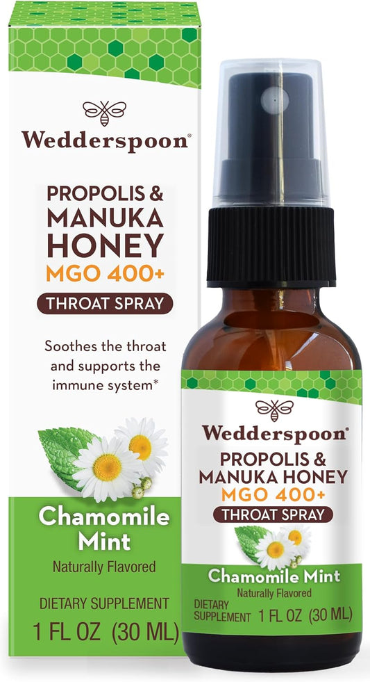 Wedderspoon Propolis and Manuka Honey Throat Spray, Chamomile & Mint, 1 Fl Oz (Pack of 1), Sore Throat Relief, Natural Immune Support