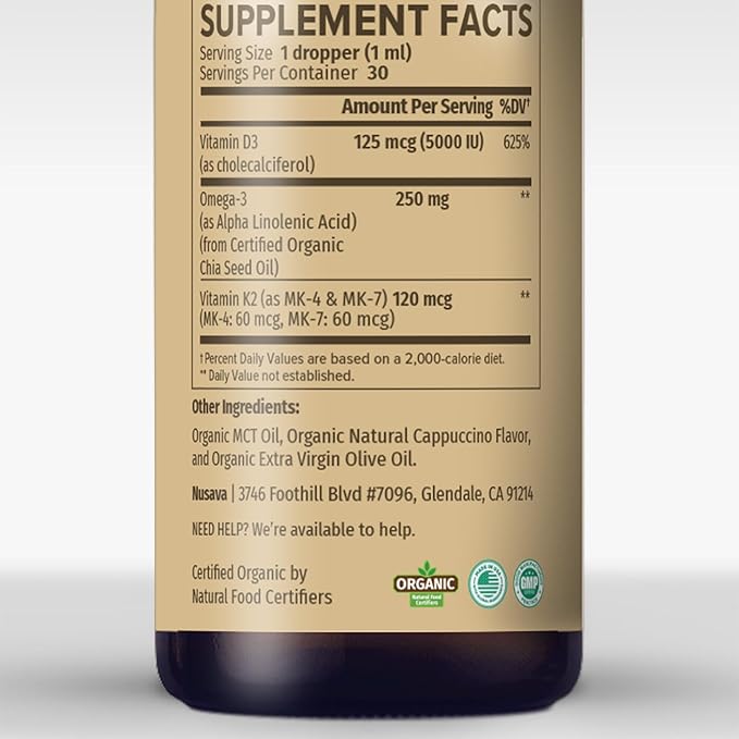 (2 Pack) Organic Vitamin D3 K2 Drops with MCT Oil Omega 3, 5000 IU, Maximum Strength Vitamin D Liquid, No Fillers, Non-GMO Liquid D3 for Faster Absorption, Immune Support (Cappuccino Flavor, 2 Fl Oz)