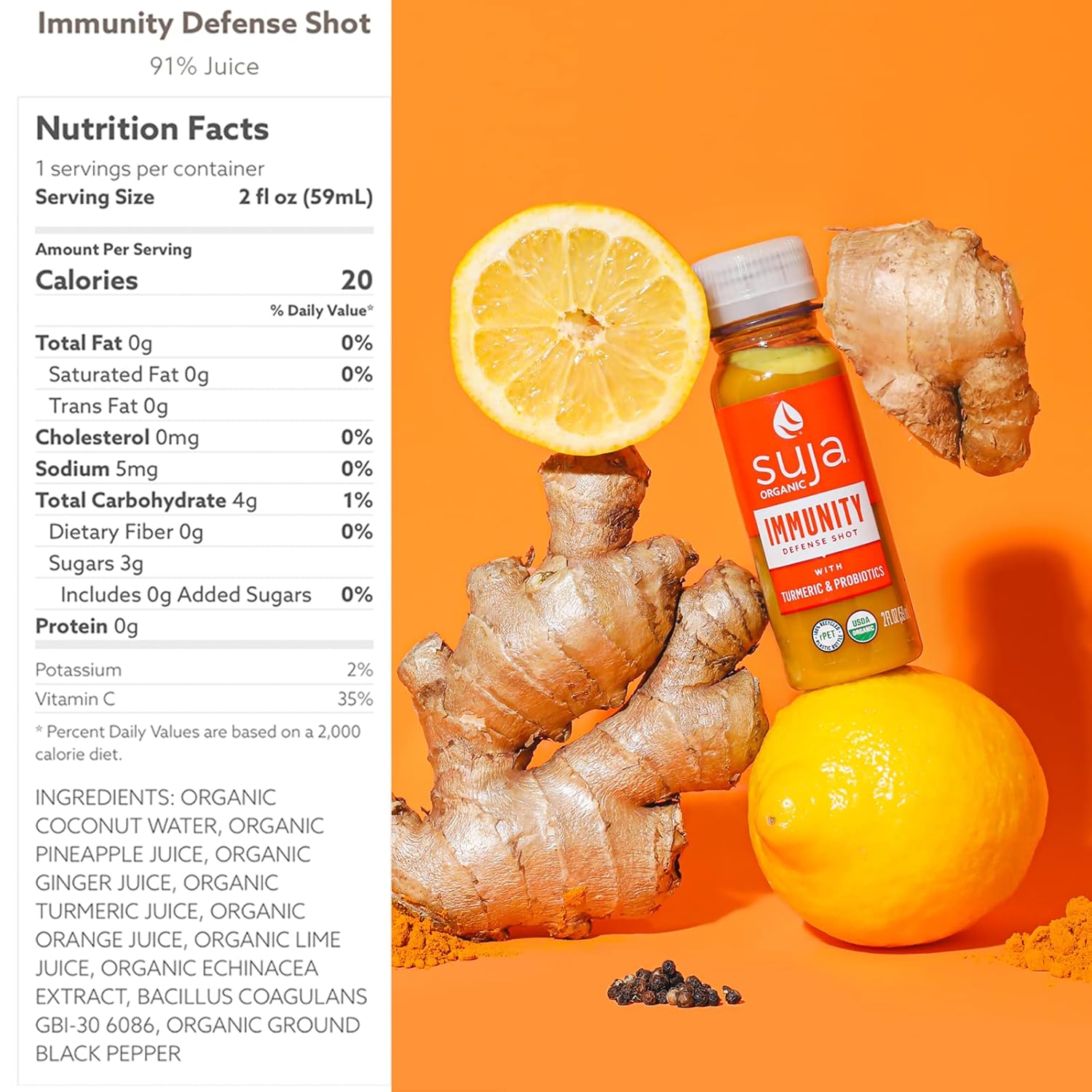 Suja Organic Immunity Defense Shot (60 Pack) with Turmeric and Ginger | Immunity Boost & Support | Functional Shots | Cold-Pressed Juice with Live Probiotics | Plant-Based & Gluten-Free