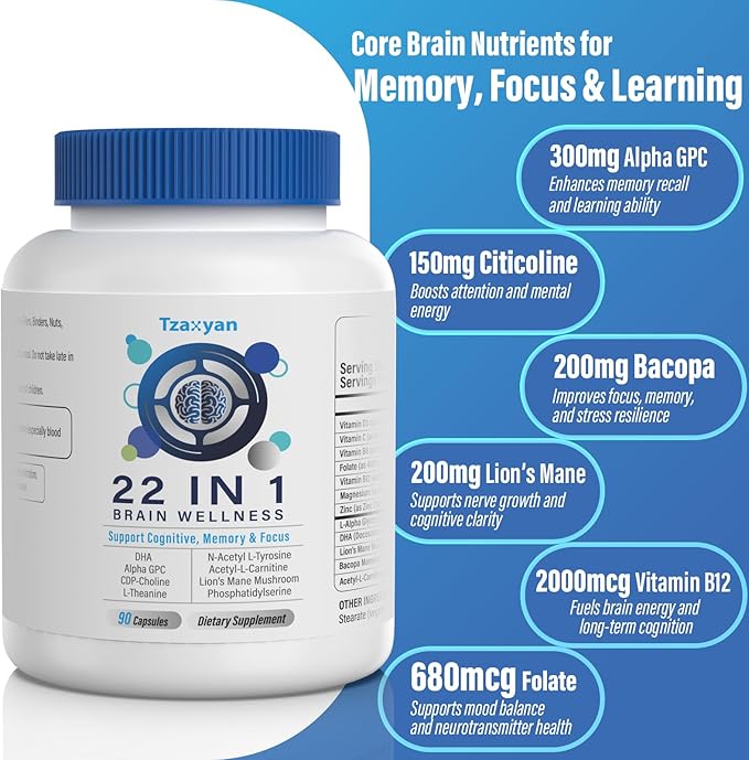 Brain Supplements for Memory and Focus, Clarity & Cognitive Improvement, 300mg Alpha GPC, CDP-Choline, DHA, Lion’s Mane, L-Theanine, Vitamin & Phosphatidylserine for Men & Women, 120 Capsules