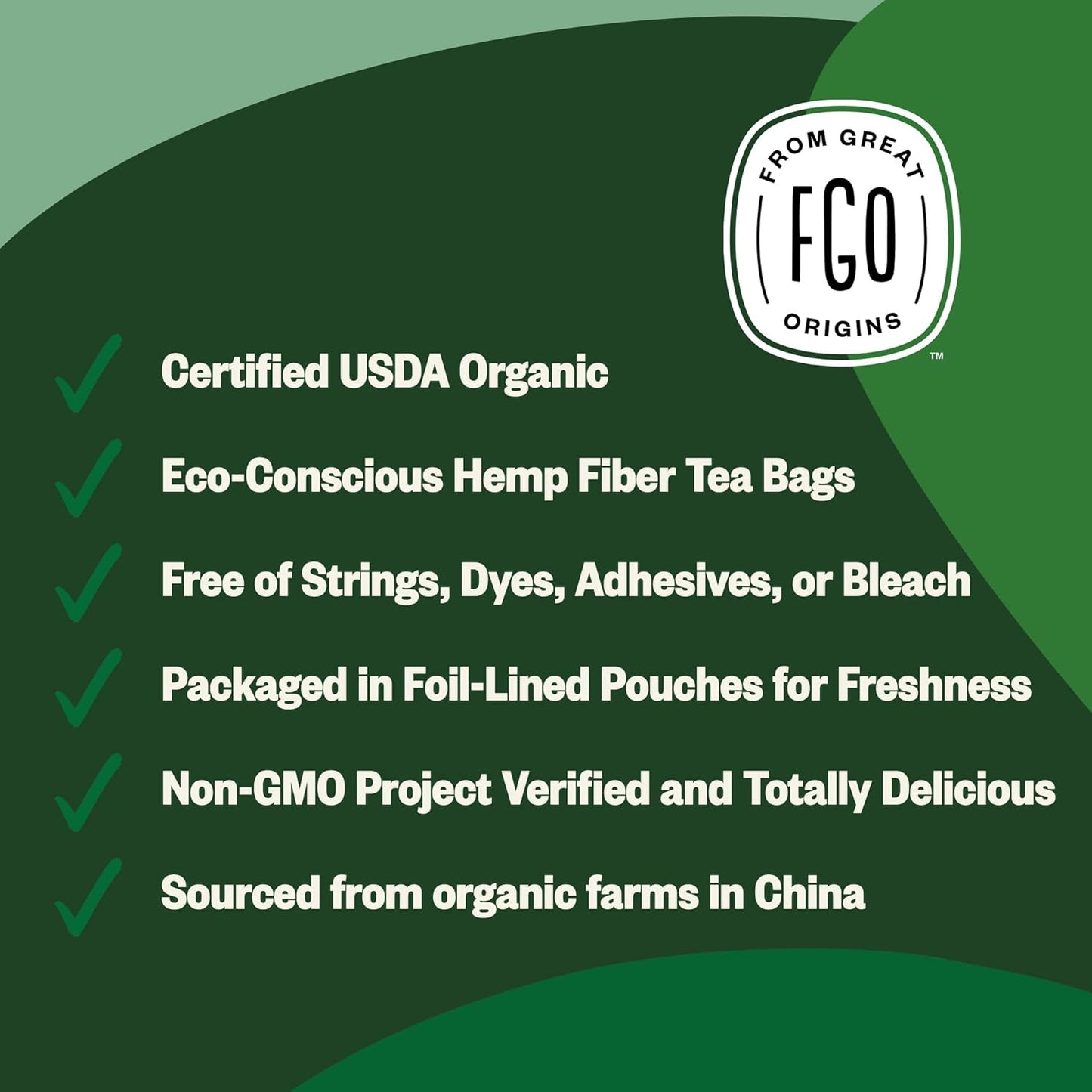 FGO Organic Green Tea, 20 Count Eco-Conscious Tea Bags, Caffeinated, Resealable Pouch, Packaging May Vary (Pack of 1)