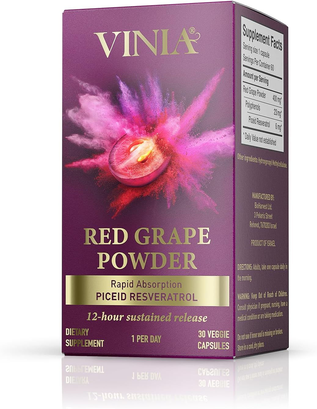 VINIA 12-Hour Long-Lasting piceid resveratrol Supplement. Nitric Oxide Supplement. Supports Heart Health, Blood Flow, Boost Oxygen Superfood Powder, Keto Friendly. Vegan & Non-GMO. 30 Day Supply.