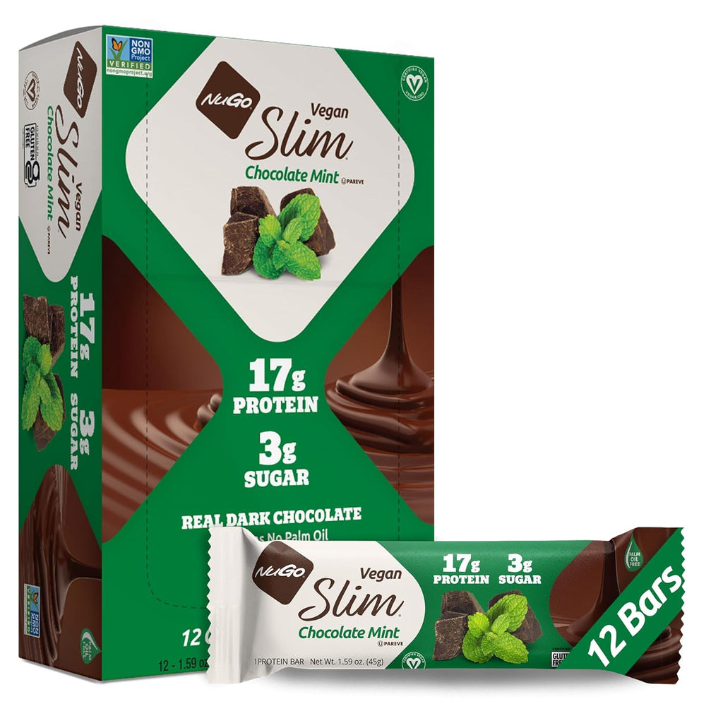 NuGo Slim Dark Chocolate Mint, 17g Vegan Protein, 3g Sugar, 6g Fiber, Low Net Carb, Keto Friendly, Gluten Free, 12 Count