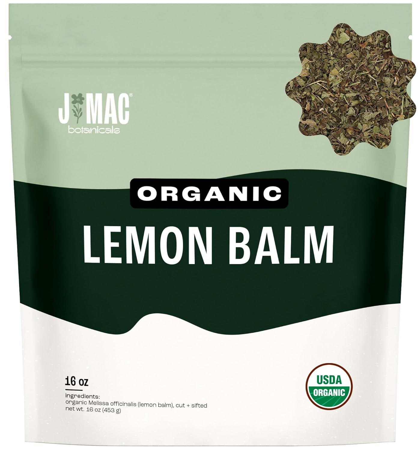 J Mac Botanicals Organic Lemon Balm (16 oz), Loose Leaf Tea, Dried Lemon Balm Tea, herbal Infusion, Lemon balm leaves, melissa officinalis tea, Certified USDA Organic