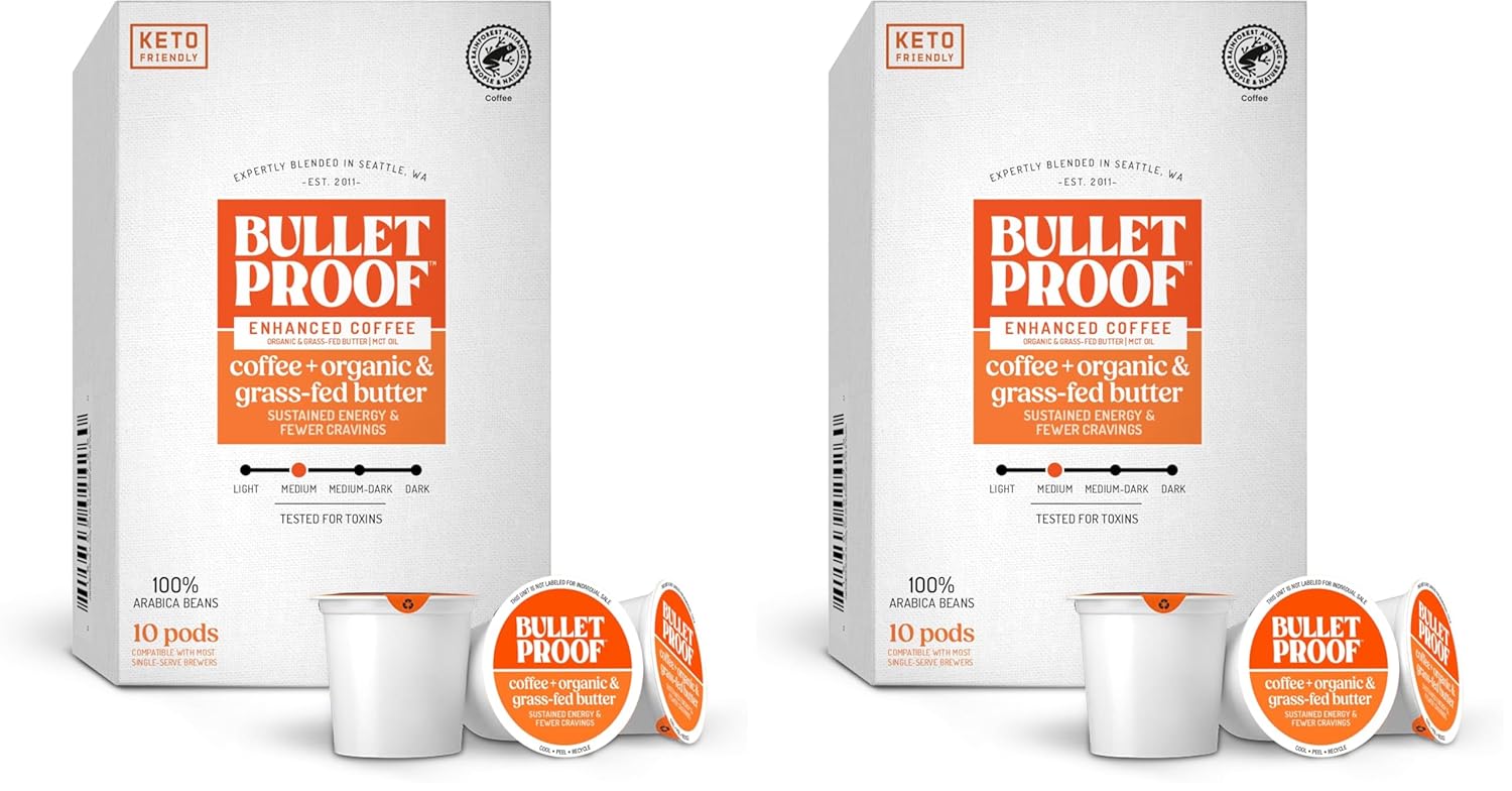 Bulletproof Coffee + Organic Grass-Fed Butter Single-Serve Pods, 10 Count, Keto Coffee, All-in-one Recipe with MCT Oil and Butter, Packaging May Vary (Pack of 2)