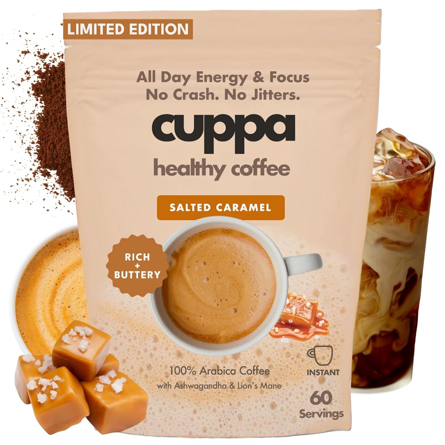 Cuppa Salted Caramel Healthy Mushroom Insant Coffee with Lion's Mane & Ashwagandha for All Day Energy & Focus - No Crash or Jitters - Nootropics for Brain Health, Gut Health, Immunity, Stress, Memory + Mood - 60 Servings