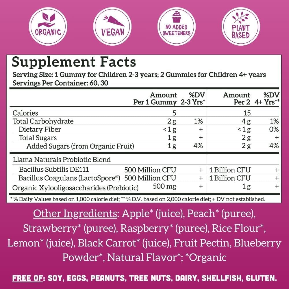Llama Naturals Kids Probiotic with Prebiotic Fiber, Vegan, Organic Prebiotics and Probiotics Gummies for Gut Health Support, Toddler Real Fruit Gummy Vitamins, No Added Sugar Cane, Mixed Berry, 60 Ct