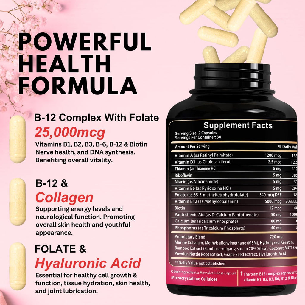 B12 with Hyaluronic Acid, Collagen and Folate – 25000 mcg B12 Complex | Maximize Absorption & Energy | Gluten Free USA Made, B1, B2, B3, B6, B7, B12 vitamins 5000 mcg Methylcobalamin - 60 Capsules