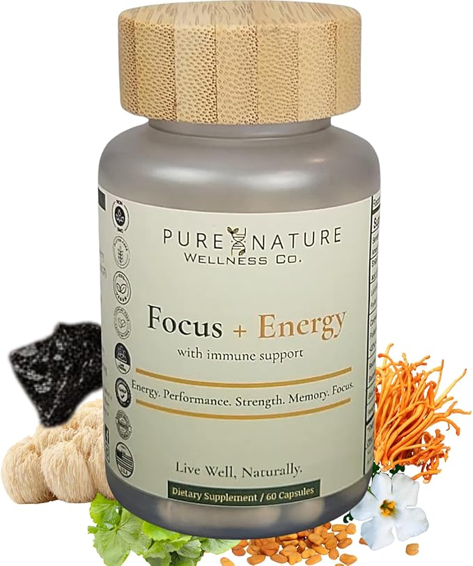 Pure Nature Wellness Focus + Energy + Immune Support-6-in-1 Nootropic & Mitochondrial Complex-Advanced Brain Supplement-Natural Energy-Caffeine Free Biohack with Lion’s Mane,Cordyceps,Mumijo,Fenugreek