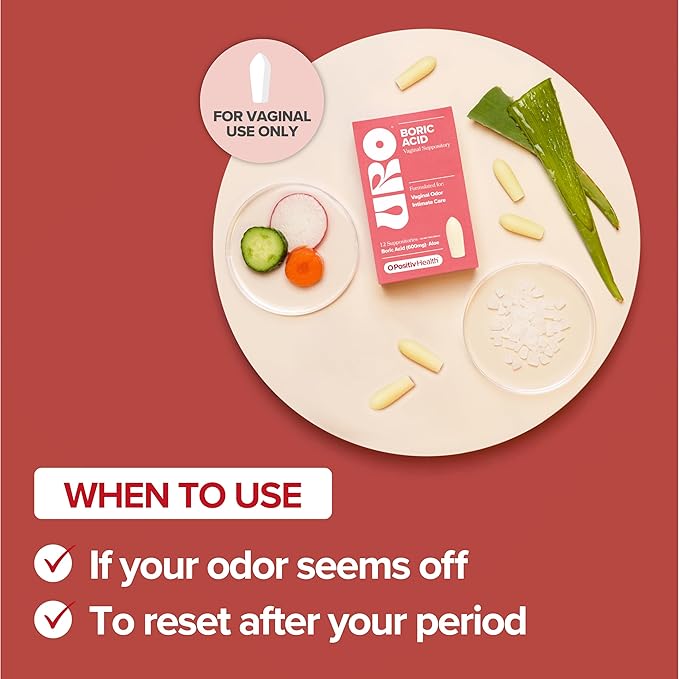 O Positiv URO Boric Acid Vaginal Suppository – with Lactic Acid, and Aloe for Fast Relief and Vaginal Odor Control – Vegan, Free from Parabens, Dyes, and Fragrances – 12 Count (Pack of 1)