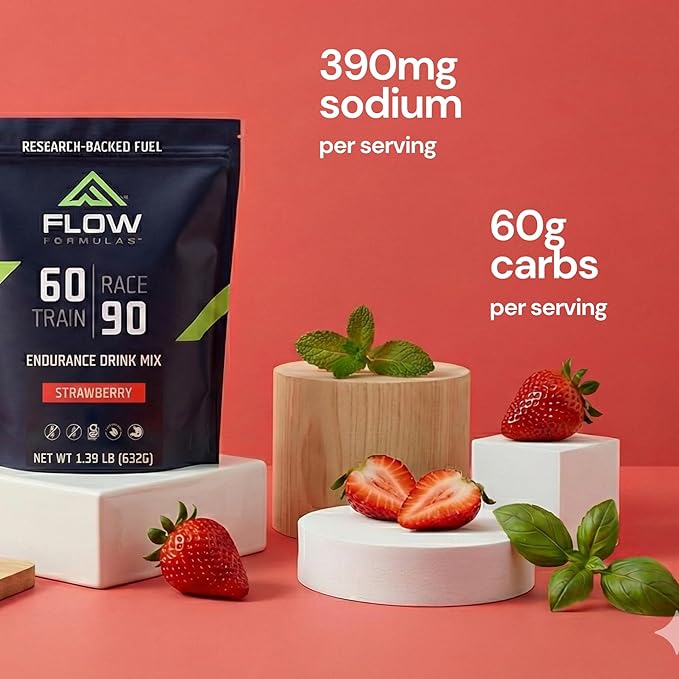 Flow Formulas Strawberry Endurance Drink Mix, Top 12 Allergen-Free, Carbohydrate & Electrolyte Sports Fuel Powder for Performance Training, High Carb Hydration Exercise Support, Gluten-Free, 10 Serv