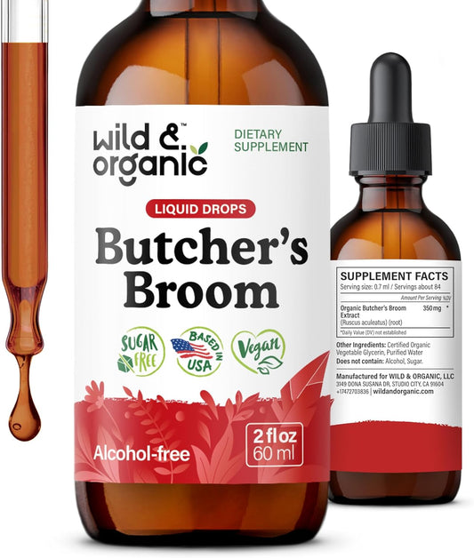 Wild & Organic Butchers Broom Root Drops - Liquid Supplement for Leg Support - Alcohol Free Butcher's Broom Tincture - Ruscus Aculeatus Herb - Vegan, Non-GMO, No Sugar - 2 fl oz