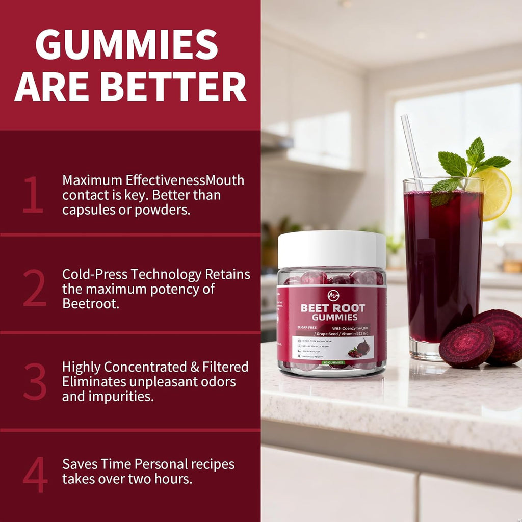 M inch Beet Root Gummies with Nitric Oxide Supplement with Beetroot, Grape Seed, Coq10, Folic Acid, Vitamin C, B3 & B12 for Energy Boost & Circulation Support, Pomegranate Flavor, 2 Packs