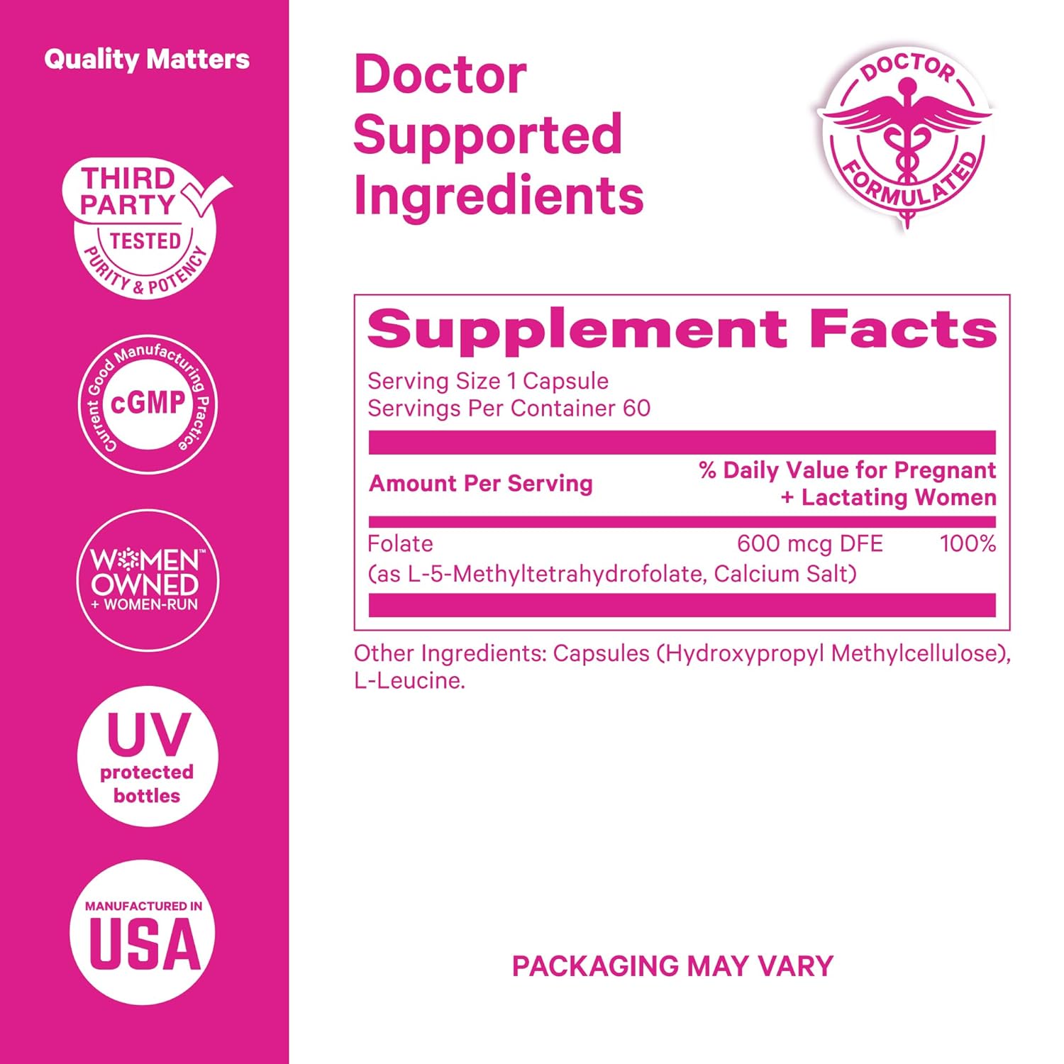 Pink Stork Folate: Methyl Folate - MTHFR Acid, Natural Form of Folic Acid for Pregnancy, Formulated for Mom + Baby, Women-Owned, 60 Capsules (Packaging May Vary)