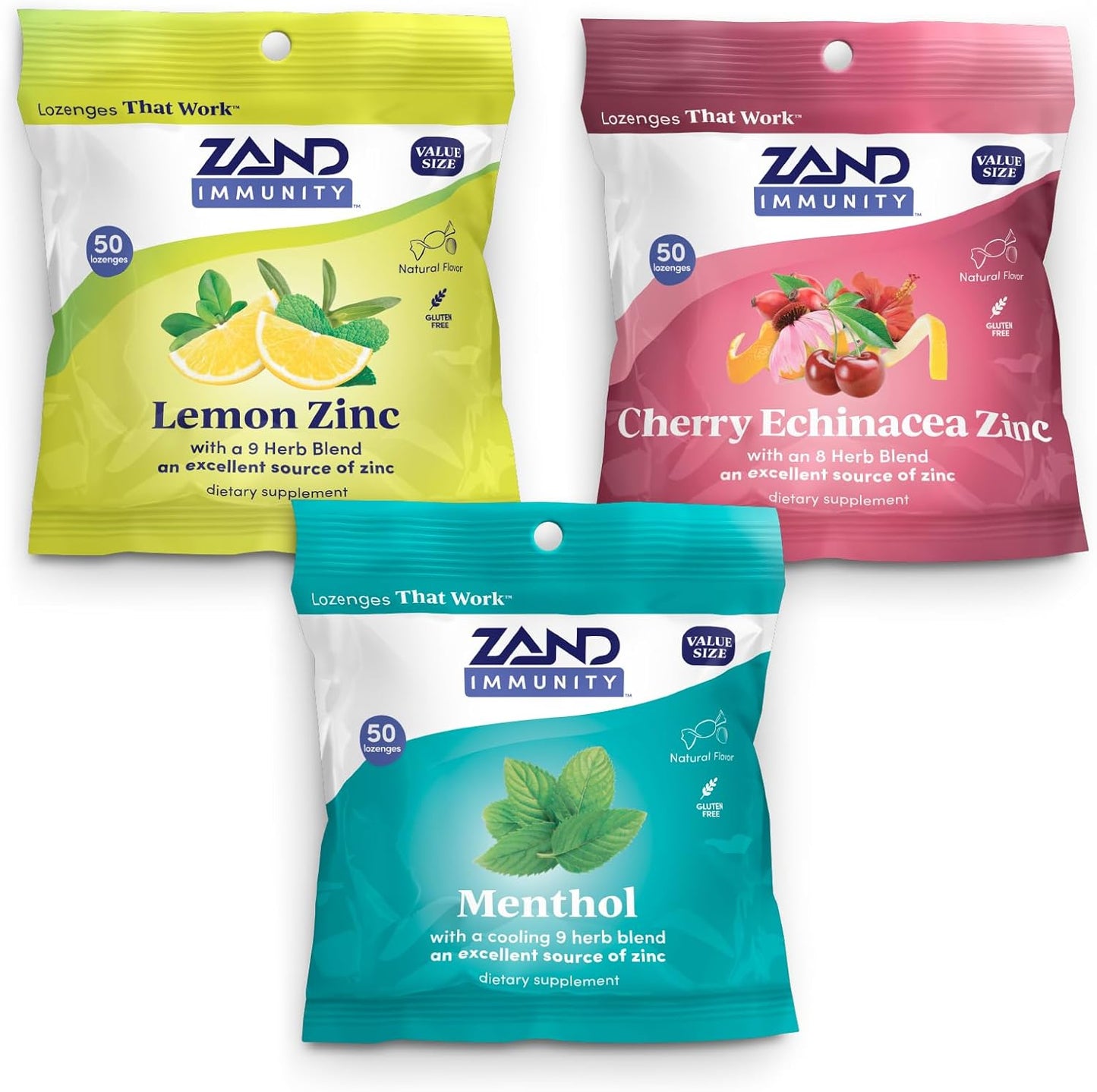 ZAND Immunity Variety 3 Pack - Lemon Zinc, Menthol and Cherry Echinacea Zinc Throat Lozenges - Good-for-You Dry Mouth Lozenges, Immune Support Supplement - Natural Flavor, Vegan, Gluten Free, 50ct ea