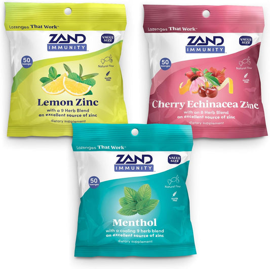 ZAND Immunity Variety 3 Pack - Lemon Zinc, Menthol and Cherry Echinacea Zinc Throat Lozenges - Good-for-You Dry Mouth Lozenges, Immune Support Supplement - Natural Flavor, Vegan, Gluten Free, 50ct ea