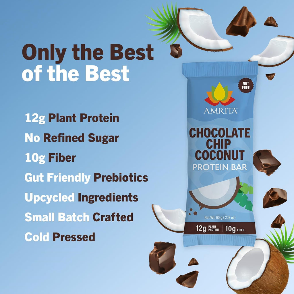 Amrita Nut Free Chocolate Chip Coconut Vegan Protein Bars (12 Count) | 12g Plant-Based Protein Bar | Peanut Free, Gluten Free, and Dairy Free | Low Sugar, High Fiber, Healthy School-Safe Snacks