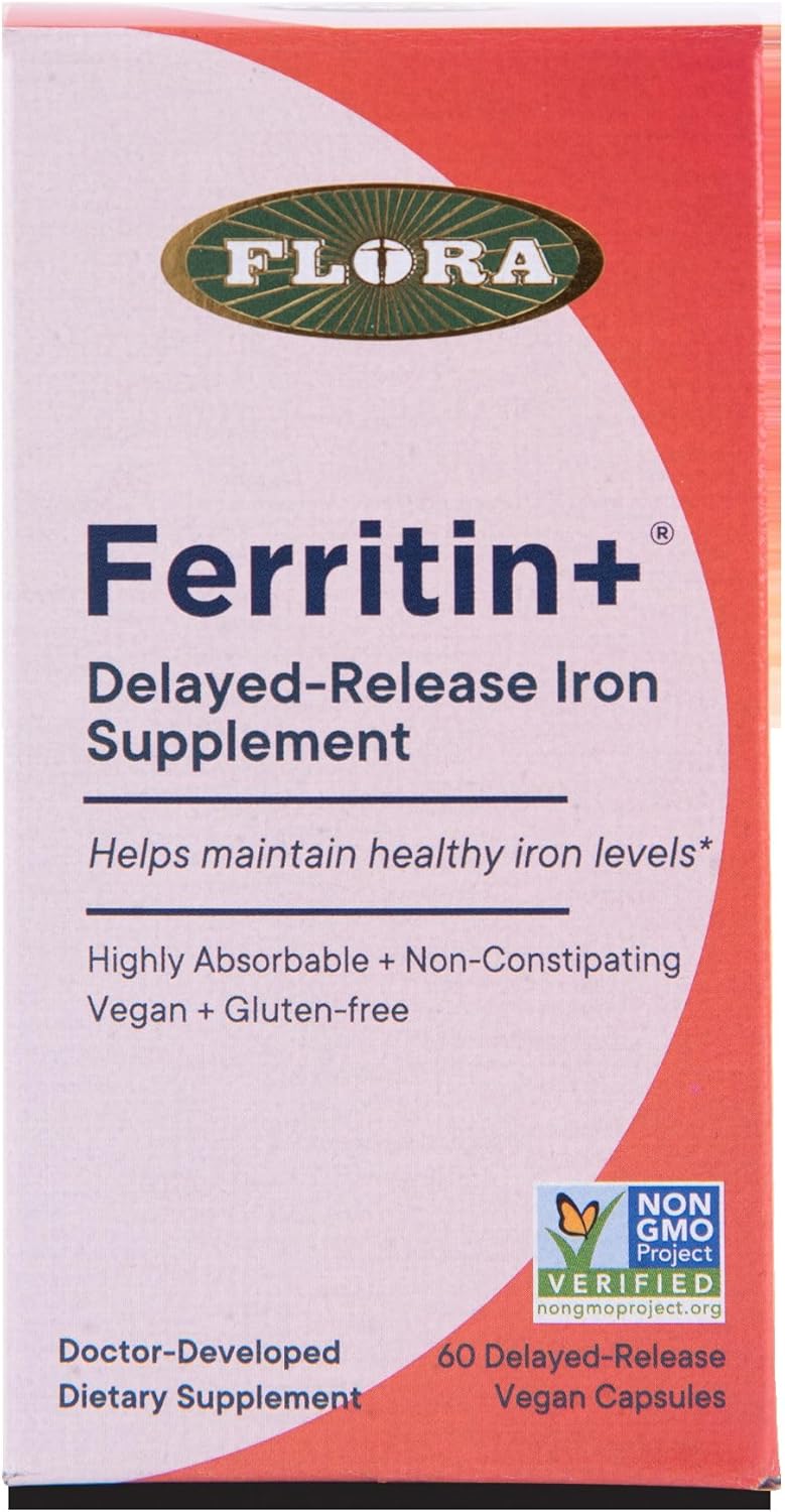 Flora Ferritin+ Delayed-Release Iron Supplement - Plant-Based Iron Supplement - Blood Cell & Energy Support - Vegan & Gluten-Free - Amber Glass Bottle - 60 Vegan Capsules