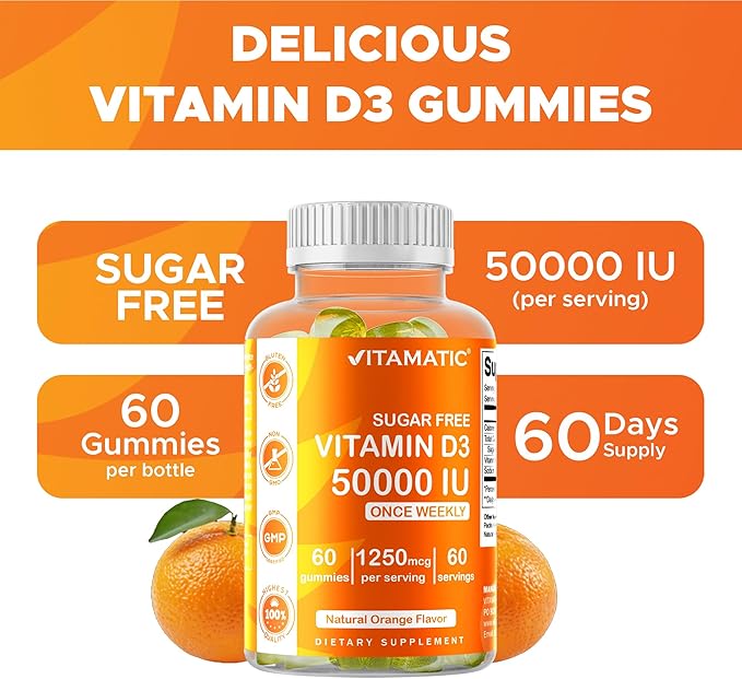 Vitamatic Sugar Free Vitamin D3 50,000 IU Weekly Supplement – 60 Pectin-Based Gummies High-Potency Vitamin D for Bone, Teeth & Immune Support
