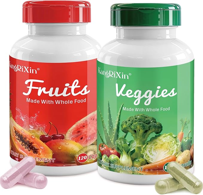 Fruits and Veggies Supplements, Whole Fruit and Vegetable Ingredients for Women, Men, and Kids - 120 Fruits Capsules, 120 Veggies Capsules - 2 Sets
