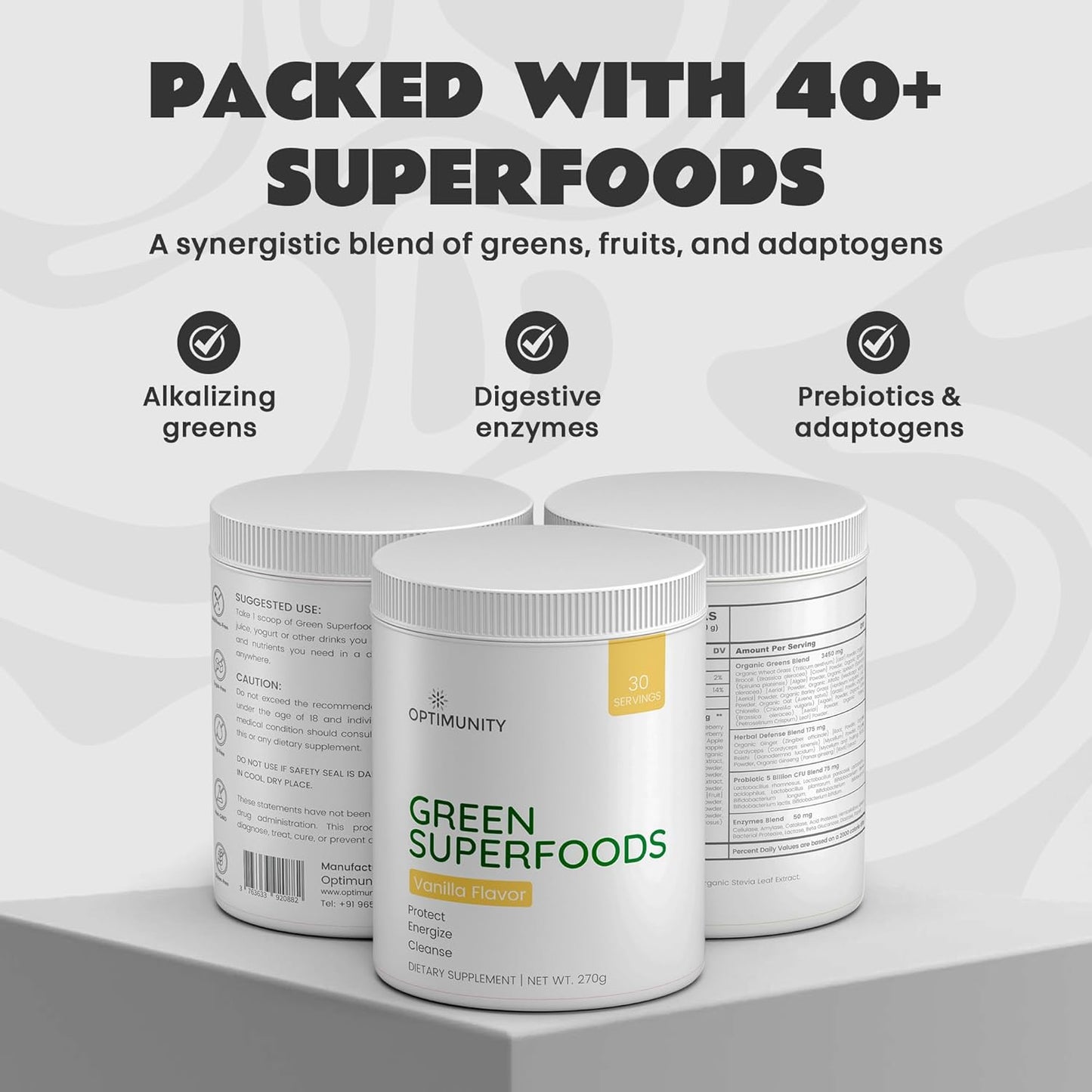 Green Superfoods Powder - Unflavored – Organic Greens Blend with Spirulina, Probiotics & Digestive Enzymes – Detox, Immune & Gut Health Support – 30 Servings (30 Servings, Vanilla)