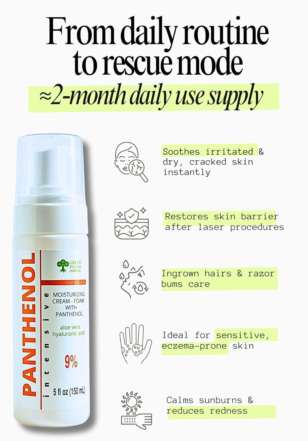 9% Panthenol Foam Spray, Vitamin B5 + Deep Moisturizing Hyaluronic Acid After Sun Care, After Tattoo Care, Hair Transplant & Baby Rash Relief, 3.4 Oz / 100 ml (Foam, 150 Ml)