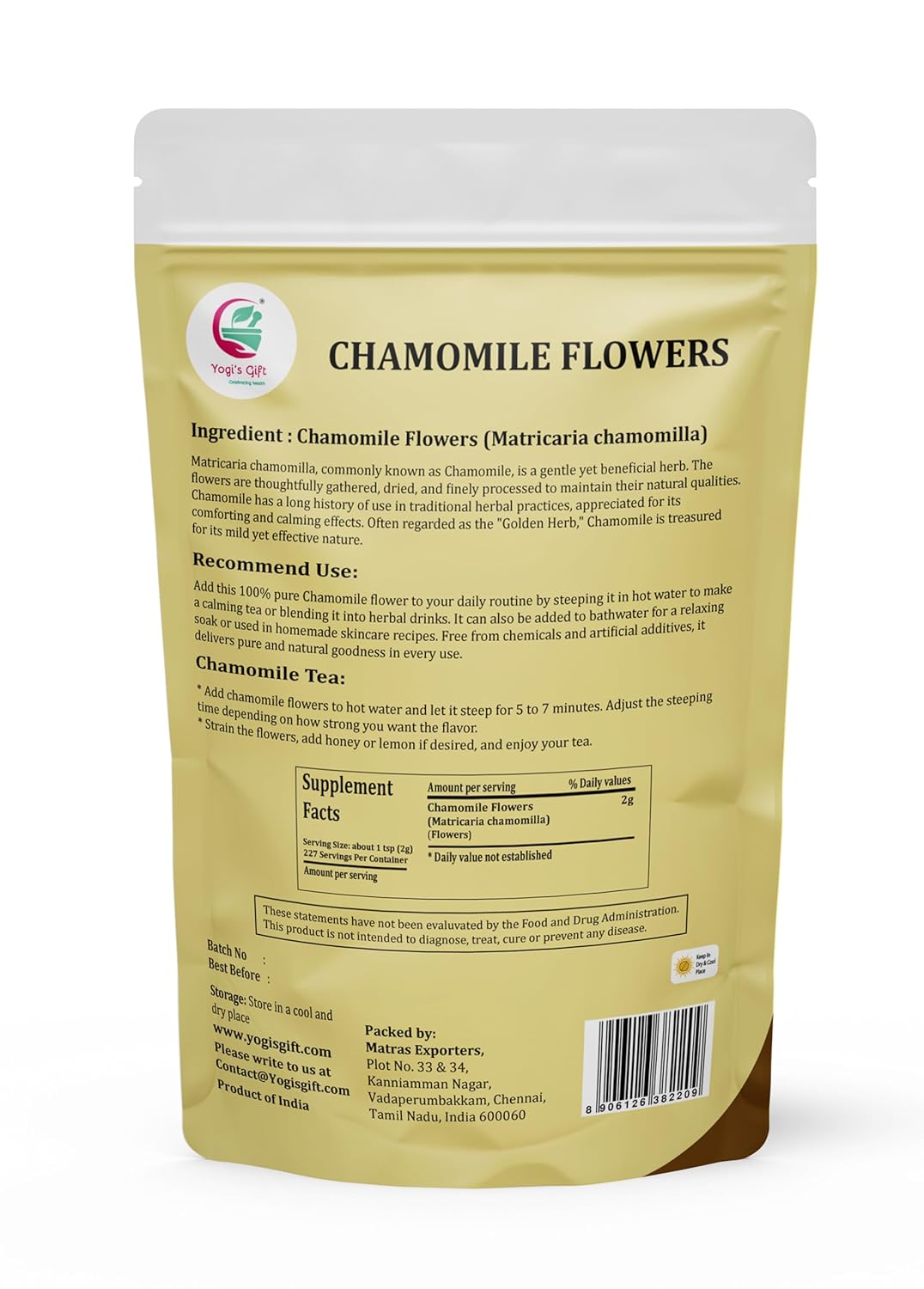 Chamomile Flowers 1 LB, 100% Natural Loose Leaf Chamomile Tea, Whole Dried Flowers for Herbal Tea, 1 LB Bulk Pack, Resealable Bag for Freshness - By Yogi’s Gift®
