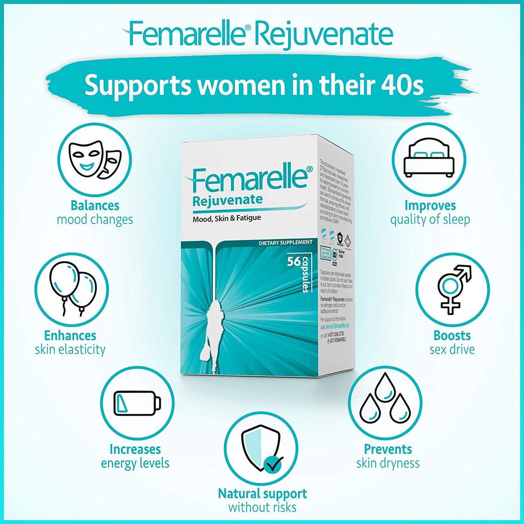 Femarelle® Rejuvenate – Perimenopause Supplement for Woman – Wellbeing Support – Hormone-Free, with DT56a, Flaxseed, Biotin, & Vitamin B2 – Mood, Energy & Skin Wellness – 56 Capsules (1 Month Supply)