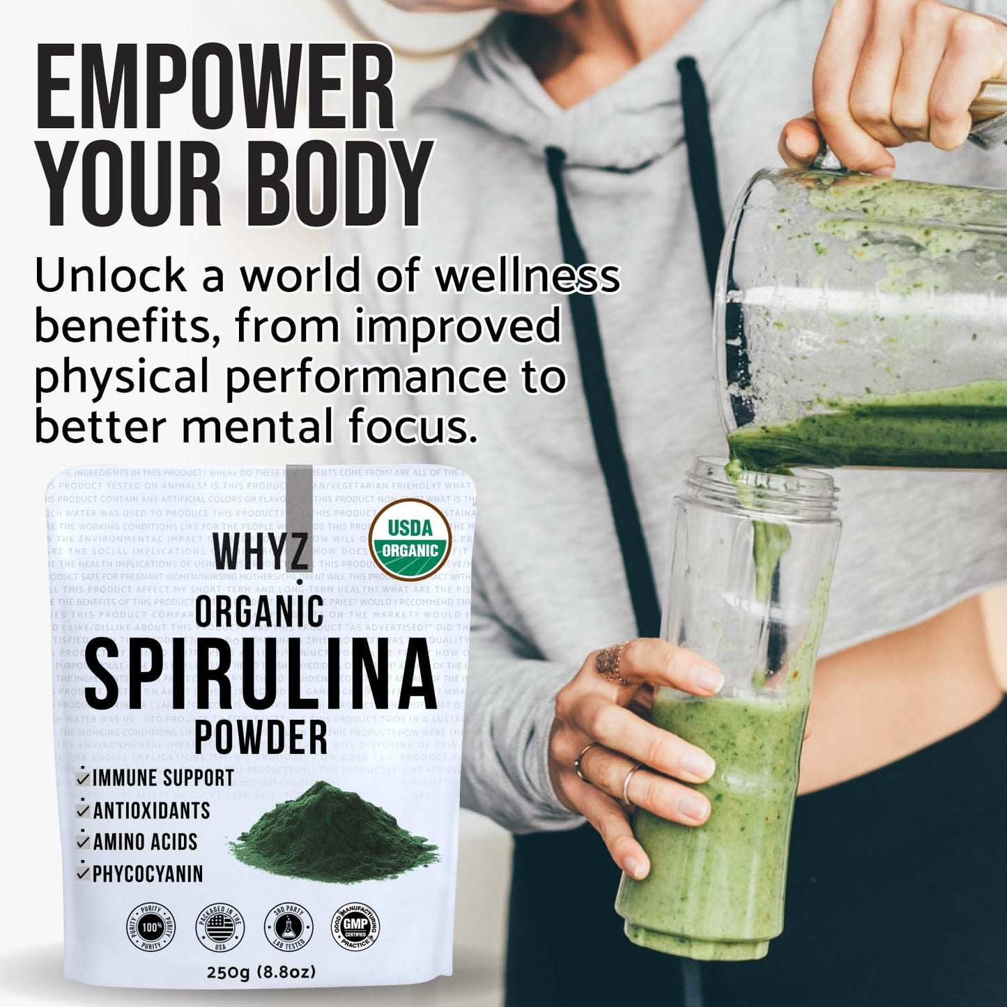 WHYZ Organic Spirulina Powder, 250g, Protein-Rich Spirulina Supplement, Organic Superfood for Immune Support, Green Spirulina Powder Organic Non GMO for Smoothies & Recipes
