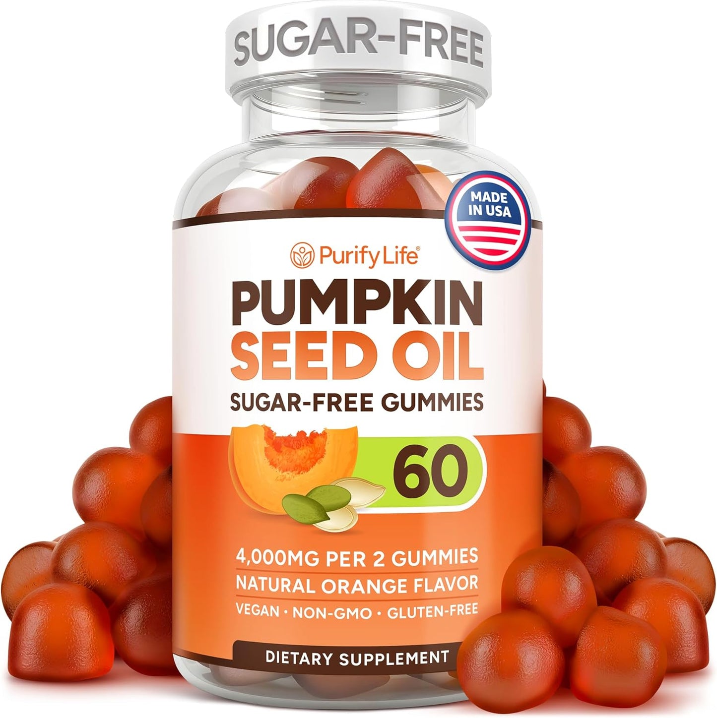 Sugar-Free Pumpkin Seed Oil Gummies (4,000mg/serving) Pumpkin Seed Oil for Hair Growth, Youthful Skin, Prostate Health, Immune & Urinary Tract Support-Natural Source of Essential Fatty Acids-60 Chews